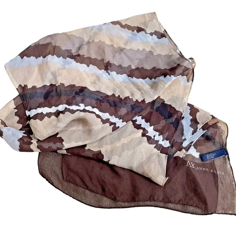 Vintage Anne Klein sheer silk scarf brown tan abstract print long rectangle chic